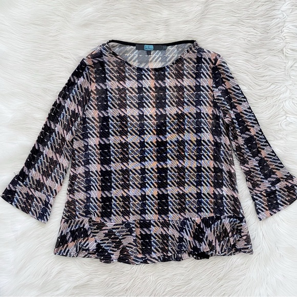 Eva Franco Tops - Eva Franco Anthropologie Black Pink Plaid Mesh Cut Out Sleeve Belinda Top Shirt